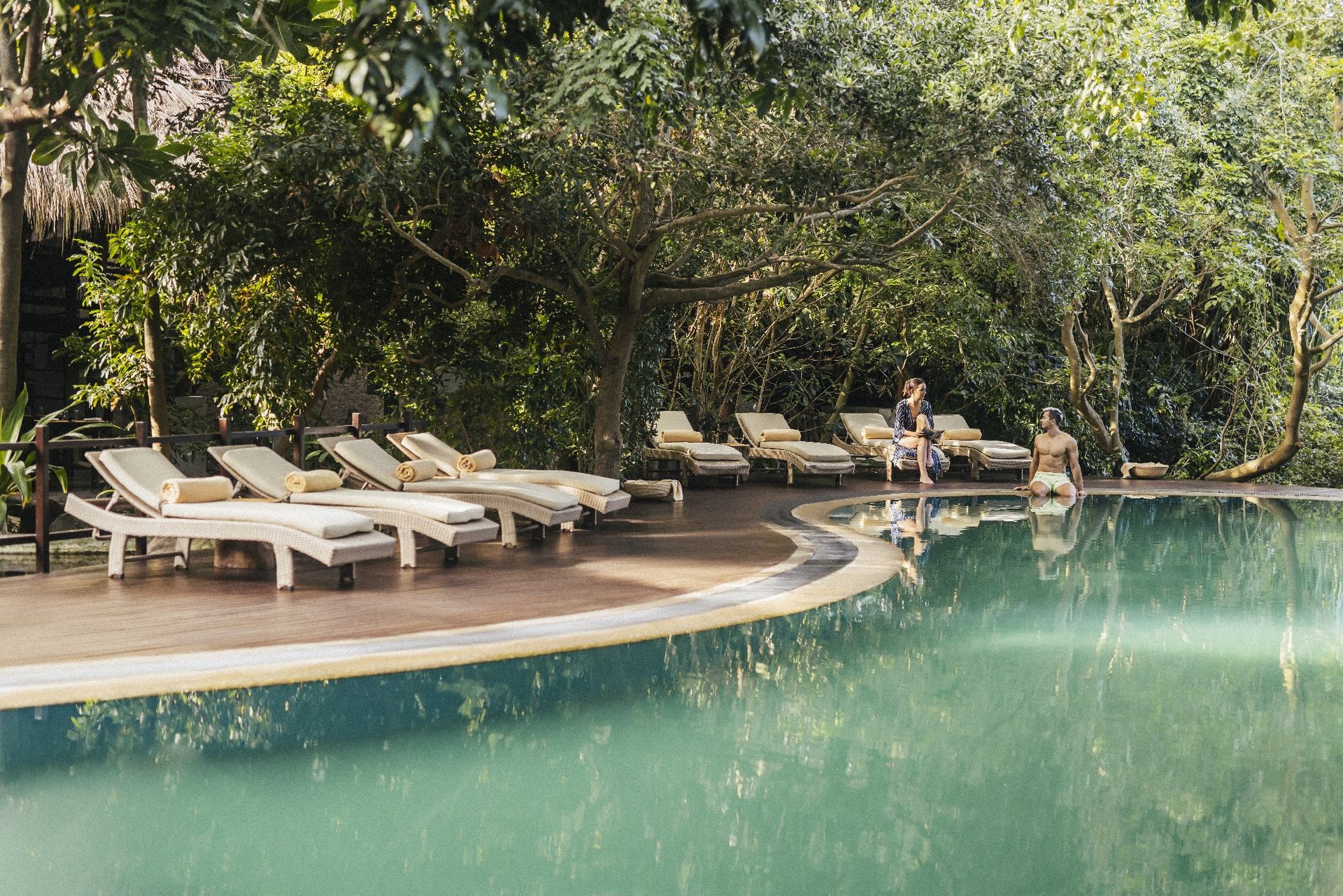 A curving swimming pool with loungers on a timber deck under trees